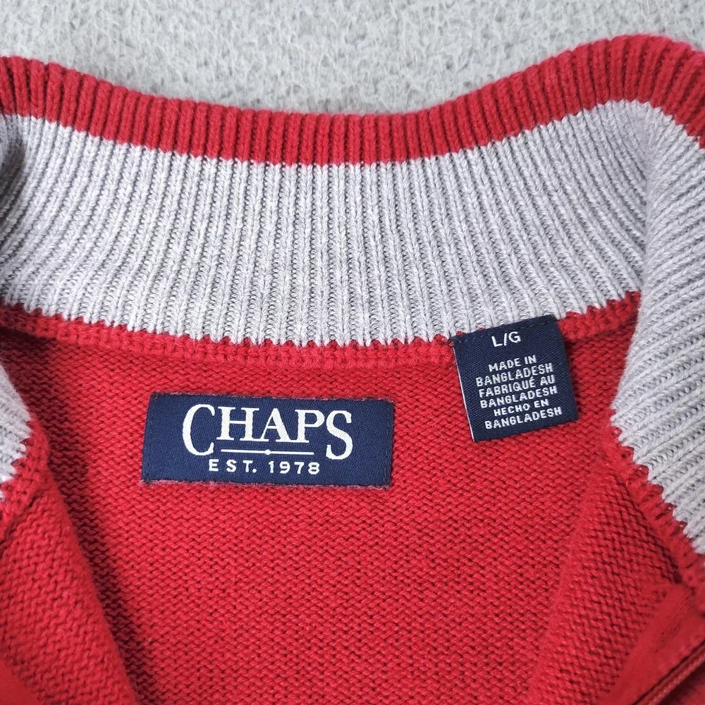 Chaps Sweater Mens Large Red 1/4 Zip Mock Neck Reindeer Christmas Cotton Knit